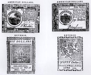 Un billet colonial de six dollars de 1776 et un billet américain de cinquante dollars de 1779